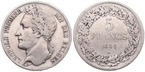 Belgium, Kingdom, Leopold I, 5 Francs Silver 1844, Laureate head left, Morin 12a (Position A), RARE DATE, A.VF