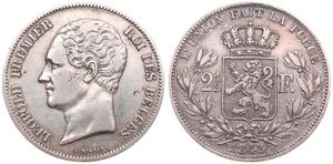 Belgium, Kingdom, Leopold I, 2-1/2 Francs Silver 1848, Small bare head left, Morin 46, SCARCE DATE !, VF+