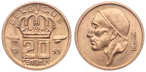 Belgium, Kingdom, Baudouin I, 20 Centimes Bronze 1959FR, Helmeted mine worker left, Morin 731, UNC !