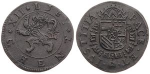 Spanish Netherlands, Philip II, 12 Mijt Copper 1581, Rampant lion within circle / Crowned arms with collar, VH 396.Gent - Gent, RARE!, XF