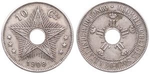 Congo Free State, Royal Domain, Leopold II, 10 Centimes Copper-Nickel 1908, Center hole flanked by crowned monograms within beaded circle, KM 10, VF