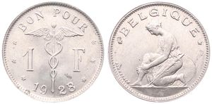 Belgium, Kingdom, Albert I, 1 Franc Nickel 1928/27FR, Kneeling woman left, Morin 400b, UNC