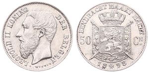 Belgium, Kingdom, Leopold II, 50 Centimes Silver 1898FL, Bearded head left, Morin 187, VARIETY WITH DOUBLE 9 IN DATE !, XF/AU
