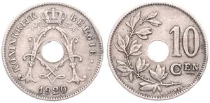 Belgium, Kingdom, Albert I, 10 Centimes Copper-Nickel 1920FL, Center hole within crowned monogram, Morin 338, SCARCE VARIETY WITH DOUBLE 0 IN DATE !, VF
