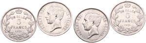 Belgium, Kingdom, Albert I, 2 x 5 Francs (1 Belga) 1934FR Position A & B, Head left, Morin 390a & 390b, SCARCE KEY DATES, VF 