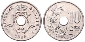 Belgium, Kingdom, Leopold II, 10 Centimes Copper-Nickel 1905FL, Center hole within crowned monogram, Morin 265, UNC