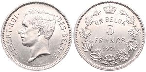 Belgium, Kingdom, Albert I, 5 Francs (1 Belga) Nickel 1931FR (Position A), Head left, Morin 384a, XF/AU