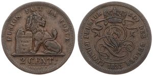 Belgium, Kingdom, Leopold I, 2 Centimes Copper 1833, Seated lion with tablet, Morin 87, VF+