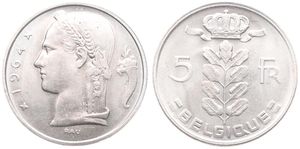 Belgium, Kingdom, Baudouin I, 5 Francs Copper-Nickel 1964FR, Head of Ceres left, Morin 560, UNC !
