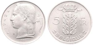 Belgium, Kingdom, Prince Charles, 5 Francs Copper-Nickel 1949FR, Head of Ceres left, Morin 523, UNC