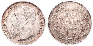 Belgium, Kingdom, Leopold II, 50 Centimes Silver 1909FR, Bearded head left, Morin 204, XF