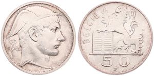 Belgium, Kingdom, Prince Charles, 50 Francs Silver 1948FL, Helmeted head of Mercurius right, Morin 510, XF/AU