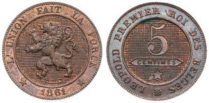 Belgium, Kingdom, Leopold I, 5 Centimes (ESSAI) Copper 1861, Rampant lion within circle left, Dupriez 865, UNC