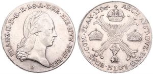 Austrian Netherlands, Franz II, 1 Kronenthaler Silver 1796H, Laureate head right / Floriated cross with 3 crowns & Golden Fleece, KM 62.1 Gunzburg, VF