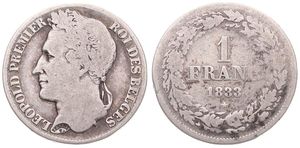 Belgium, Kingdom, Leopold I, 1 Franc Silver 1833, Laureate head left, Morin 22, VERY RARE KEY DATE !, A.Fine