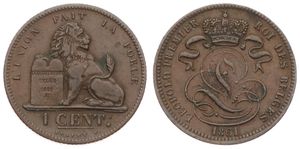 Belgium, Kingdom, Leopold I, 1 Centime Copper 1861, Seated lion with tablet, Morin 129, A.XF