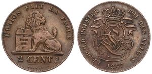 Belgium, Kingdom, Leopold I, 2 Centimes Copper 1857, Seated lion with tablet, Morin 105, A.XF