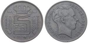 Belgium, Kingdom, Leopold III, 5 Francs Zinc 1941FR, Head right, Morin 470, A.UNC