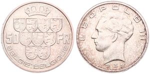 Belgium, Kingdom, Leopold III, 50 Francs Silver 1939FL/FR (Position A), Crown above nine shields, Morin 445c, VARIETY WITHOUT CROSS ON CROWN, XF/AU