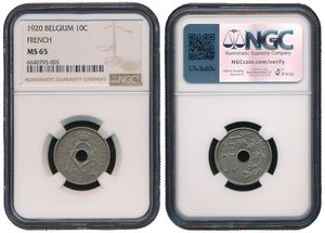 Belgium, Kingdom, Albert I, 10 Centimes Copper-Nickel 1920FR, Center hole within crowned monogram, Morin 337, NGC Graded MS 65