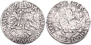 Liege, Bishoperic, Gerard de Groesbeeck, 1/2 Rixdaalder Silver 1569, Helmeted arms within circle / Crowned double headed eagle within circle, Delm. 452 - Hasselt Mint, SCARCE, A.VF