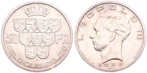 Belgium, Kingdom, Leopold III, 50 Francs Silver 1939FR/FL (Position A), Crown above nine shields, Morin 444a, XF/AU