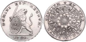 Austrian Netherlands, Insurrection Coinage, 3 Florins Silver 1790(b), Rampant lion right holding sword and shield / 11 Shields surround central radiant design, KM 50 Brussels with SMALL DATE, RARE !, A.UNC (edgenick)