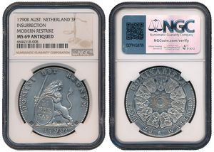 Austrian Netherlands, Insurrection Coinage, Modern Restrike from 3 Florins Silver 1790, Rampant lion right holding sword and shield / 11 Shields surround central radiant design, NGC Graded MS 69 ANTIQUED