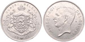 Belgium, Kingdom, Albert I, 20 Francs (4 Belgas) Nickel 1931FR (Position A), Head left, Morin 376a, XF