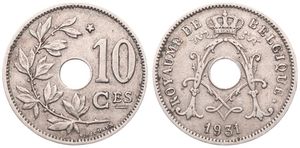 Belgium, Kingdom, Albert I, 10 Centimes Nickel-Brass 1931FR, Center hole within crowned monogram, Morin 426c, VF