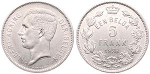 Belgium, Kingdom, Albert I, 5 Francs (1 Belga) Nickel 1933FL (Position B), Head left, Morin 389b, XF