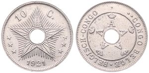 Belgian Congo, Colony, Albert I, 10 Centimes Copper-Nickel 1921, Center hole flanked by crowned monograms within beaded circle, KM 18, A.UNC