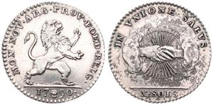 Austrian Netherlands, Insurrection Coinage, 10 Sols Silver 1790(b), Rampant lion right / Arrows back of grasped hands at center, KM 46 Brussels, XF (cleaned)