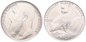 Belgium, Kingdom, Leopold II, Restrike : 2 Francs Silver 1901FL, Bearded head left, GR-BR 3968, MATTE PROOF