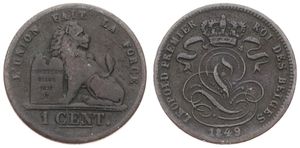 Belgium, Kingdom, Leopold I, 1 Centime Copper 1849, Seated lion with tablet, Morin 122, Fine