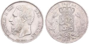 Belgium, Kingdom, Leopold II, 5 Francs Silver 1867, Bearded head left, Morin 154, A.XF (some scratches)