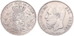 Belgium, Kingdom, Leopold II, 5 Francs Silver 1867, Bearded head left, Morin 154b, VARIETY WITH DOT AFTER F. & LARGE 7 IN DATE, A.VF