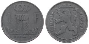 Belgium, Kingdom, Prince Charles, 1 Franc Zinc 1947FL/FR, Rampant lion left on shield, Morin 535, SCARCE KEY DATE, VF