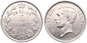 Belgium, Kingdom, Albert I, 5 Francs (1 Belga) Nickel 1930FR (Position B), Head left, Morin 382b, A.UNC