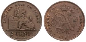 Belgium, Kingdom, Albert I, 2 Centimes Copper 1911FR, Seated lion with tablet, Morin 310, RARE DATE, XF
