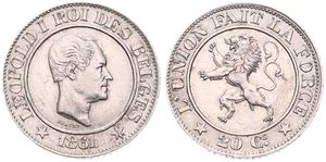 Belgium, Kingdom, Leopold I, 20 Centimes Copper-Nickel 1861, Rampant lion within circle left, Morin 132, XF
