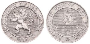 Belgium, Kingdom, Leopold II, 5 Centimes Copper-Nickel 1894FL, Rampant lion within circle left, Morin 245, SCARCER DATE, XF