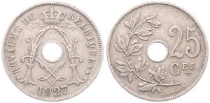 Belgium, Kingdom, Albert I, 25 Centimes Copper-Nickel 1927FR, Center hole within crowned monogram, Morin 331, SCARCE VARIETY WITH DOUBLE 7 IN DATE !, VF