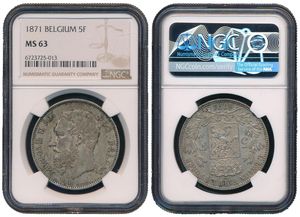 Belgium, Kingdom, Leopold II, 5 Francs Silver 1871, Bearded head left, Morin 158, NGC Graded MS 63