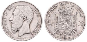Belgium, Kingdom, Leopold II, 50 Centimes Silver 1868FR, Bearded head left, Morin 182, RARE KEY DATE & VARIETY : DASH BELOW CROWN !, A.VF