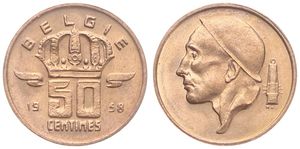 Belgium, Kingdom, Baudouin I, 50 Centimes Bronze 1958FL, Helmeted mine worker left, Morin 665, UNC !