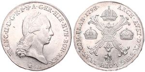 Austrian Netherlands, Franz II, 1 Kronenthaler Silver 1793B, Laureate head right / Floriated cross with 3 crowns & Golden Fleece, KM 62.2 Kremnitz, A.XF