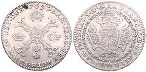 Austrian Netherlands, Maria Theresia, 1 Kronenthaler Silver 1763(b), Floriated cross with 3 crowns & Golden Fleece / Crowned imperial double headed eagle, KM 22 Brussels, VF