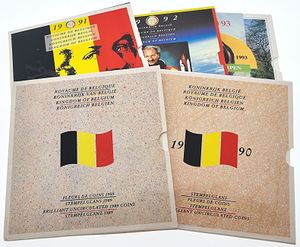Belgium, Kingdom, Baudouin I, Lot with 5 Official Annual Mint Sets 1989, 1990, 1991, 1992, & 1993 FR+FL in original packaging, all UNC
