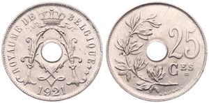 Belgium, Kingdom, Albert I, 25 Centimes Copper-Nickel 1921FR, Center hole within crowned monogram, Morin 324, UNC